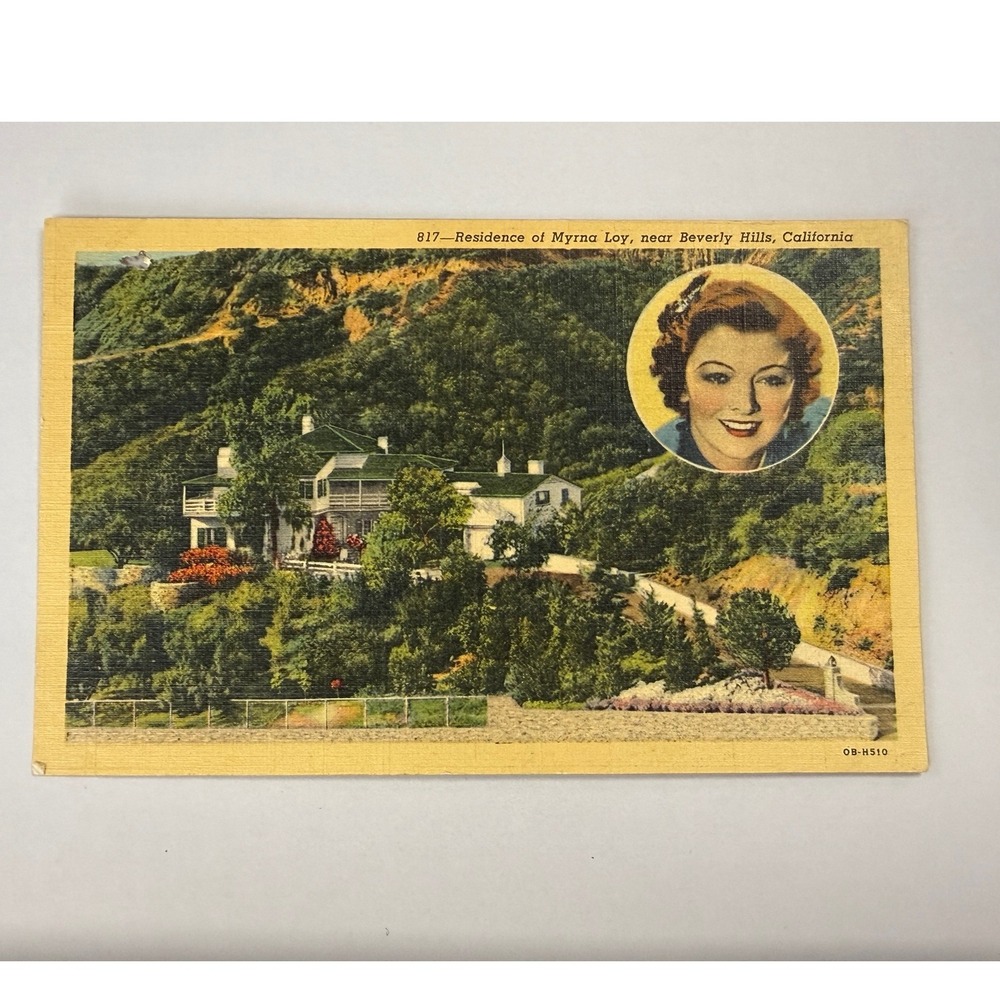 Vintage Myrna Loy Residence Beverly Hills California Linen Postcard 817 OB-H510‎
